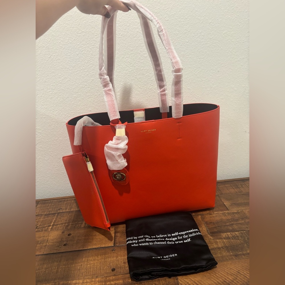 Kurt Geiger Vibrant Orange Tote with Matching Pouch - Picture 4 of 12